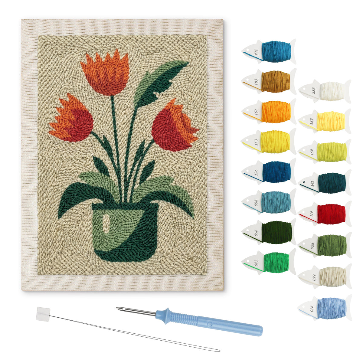 Red Tulip Pot punch needle kit: finished canvas with threads, punch needle and threader