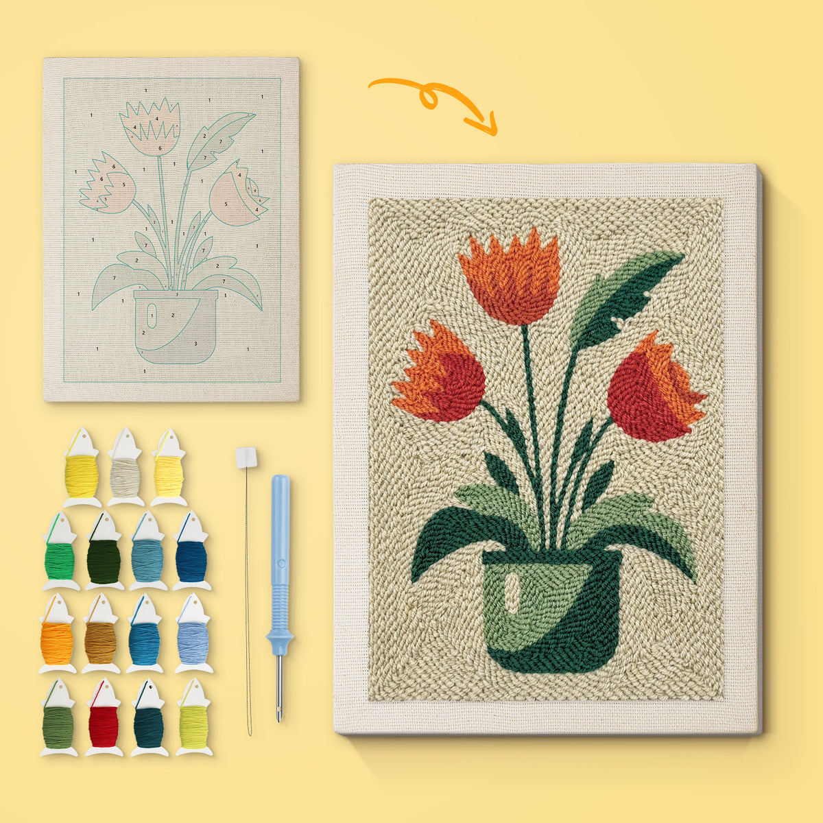 Red Tulip Pot canvas before and after punching, with the threads and tools