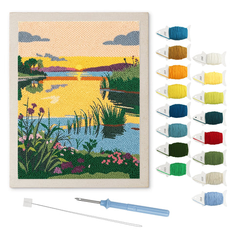 Reed Lake Sunset punch needle kit: finished canvas with threads, punch needle and threader