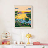 Finished Reed Lake Sunset punch needle canvas on a wall