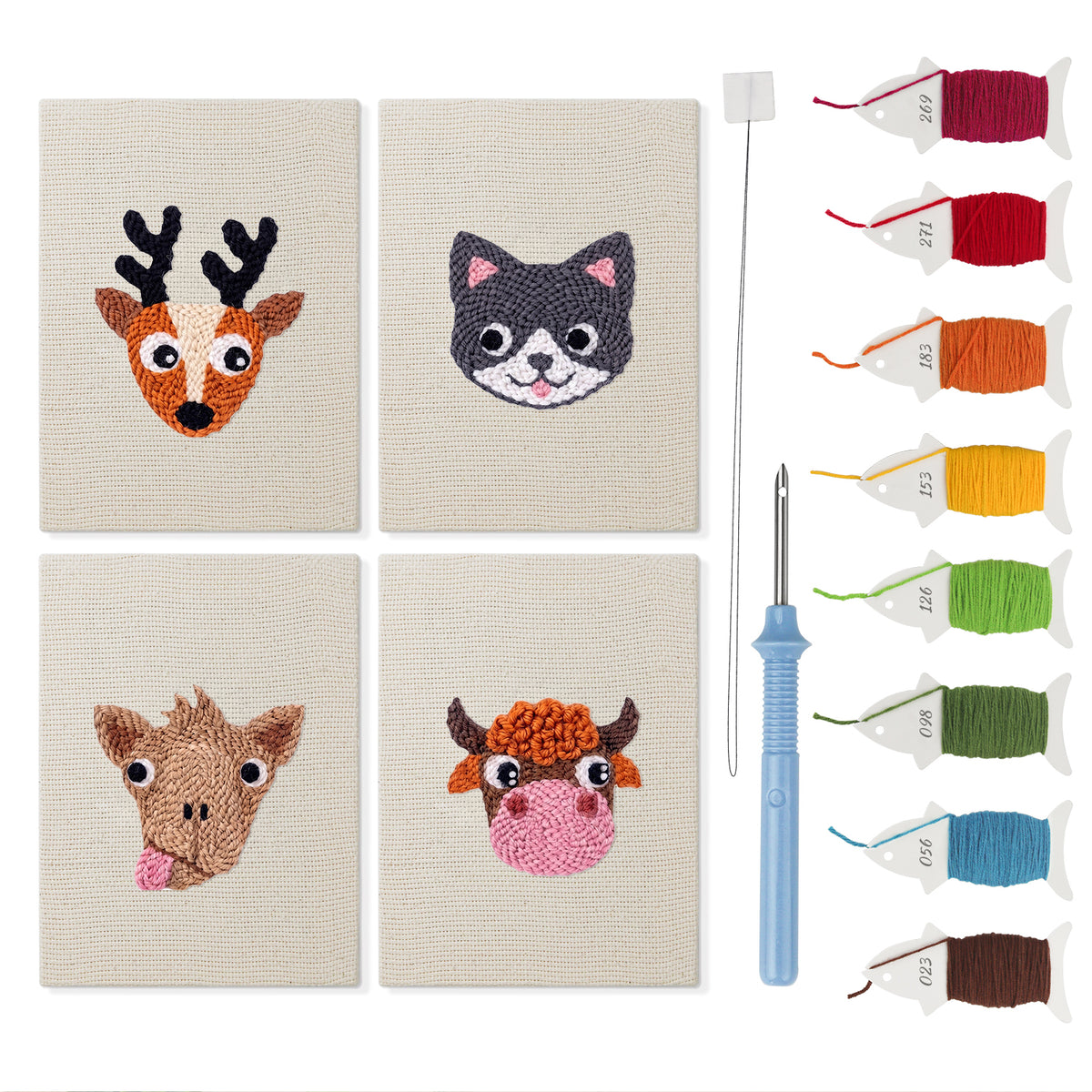 Reindeer and Cow mini punch needle kit set: four finished canvases with threads, punch needle and threader