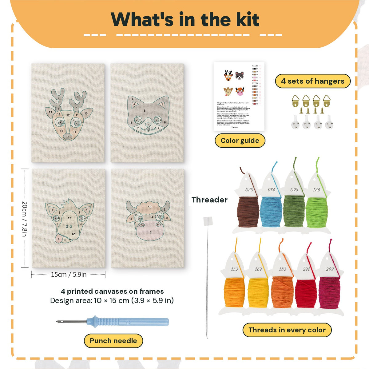 What is in the Reindeer and Cow set: 4 printed canvases, punch needle, threader, threads, color guide and 4 sets of hangers (6 × 8 in (15 × 20 cm) each)
