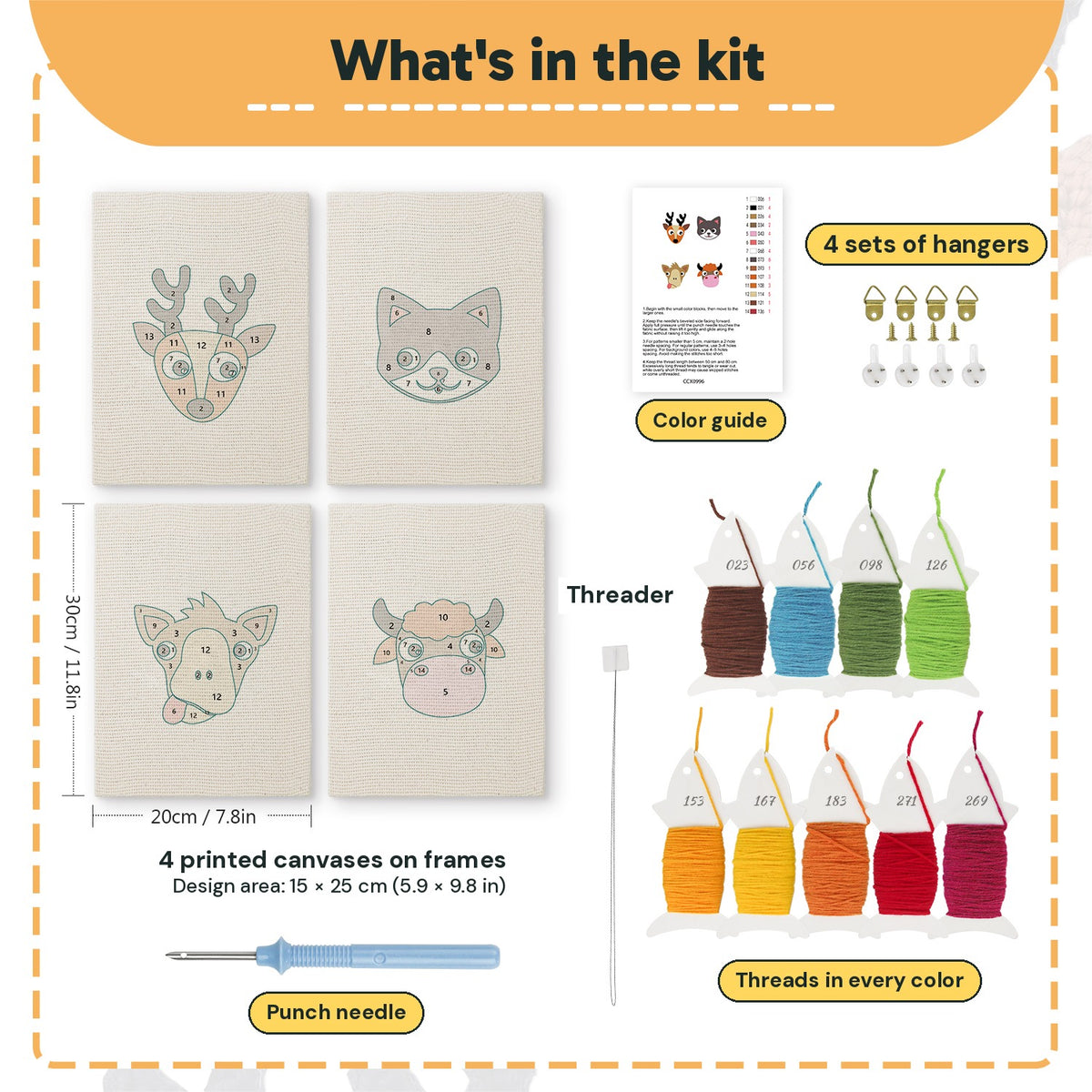 What is in the Reindeer and Cow set, 8 × 12 in (20 × 30 cm) each: 4 printed canvases, punch needle, threader, threads, color guide and 4 sets of hangers