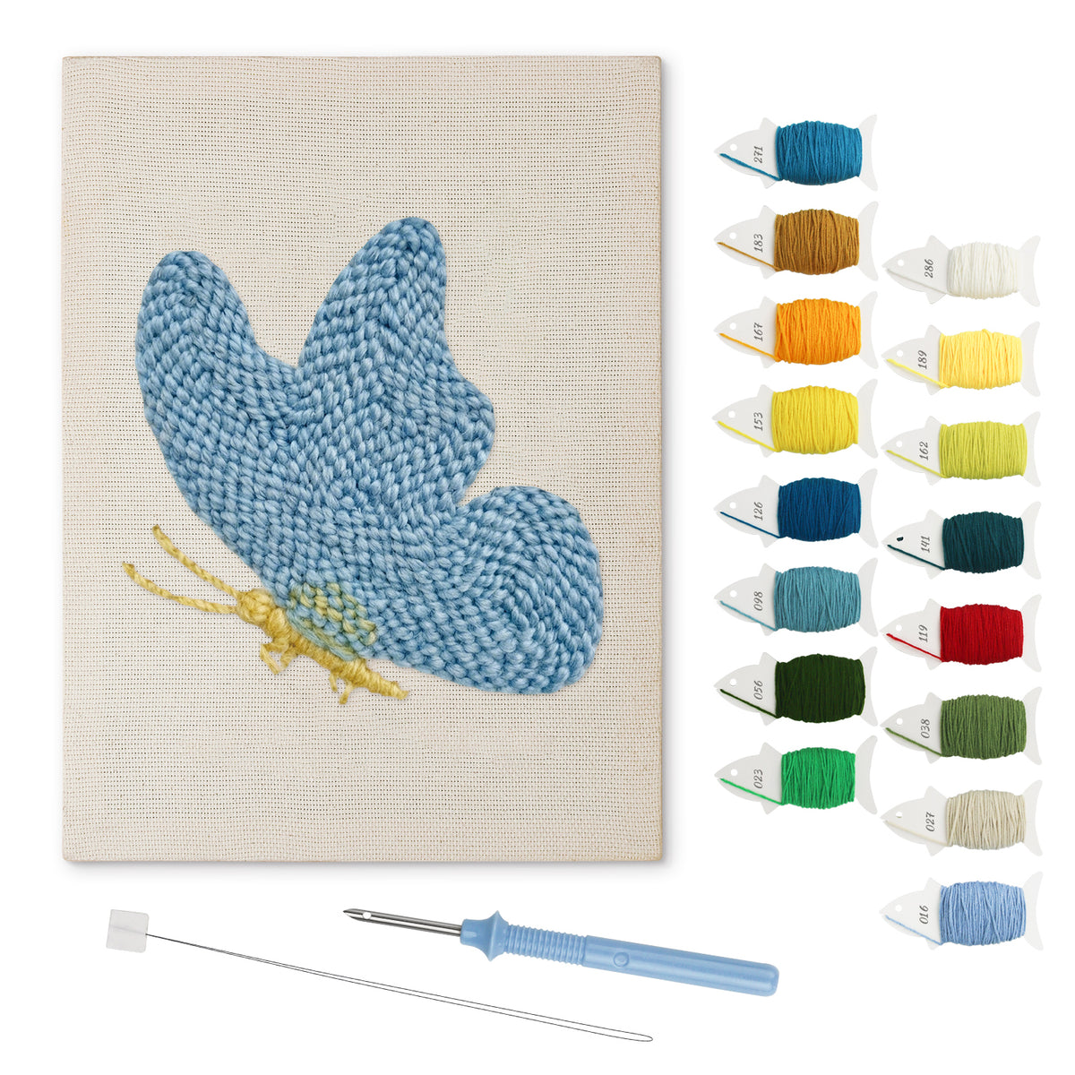 Resting Blue Butterfly punch needle kit: finished canvas with threads, punch needle and threader