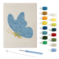 Resting Blue Butterfly punch needle kit: finished canvas with threads, punch needle and threader
