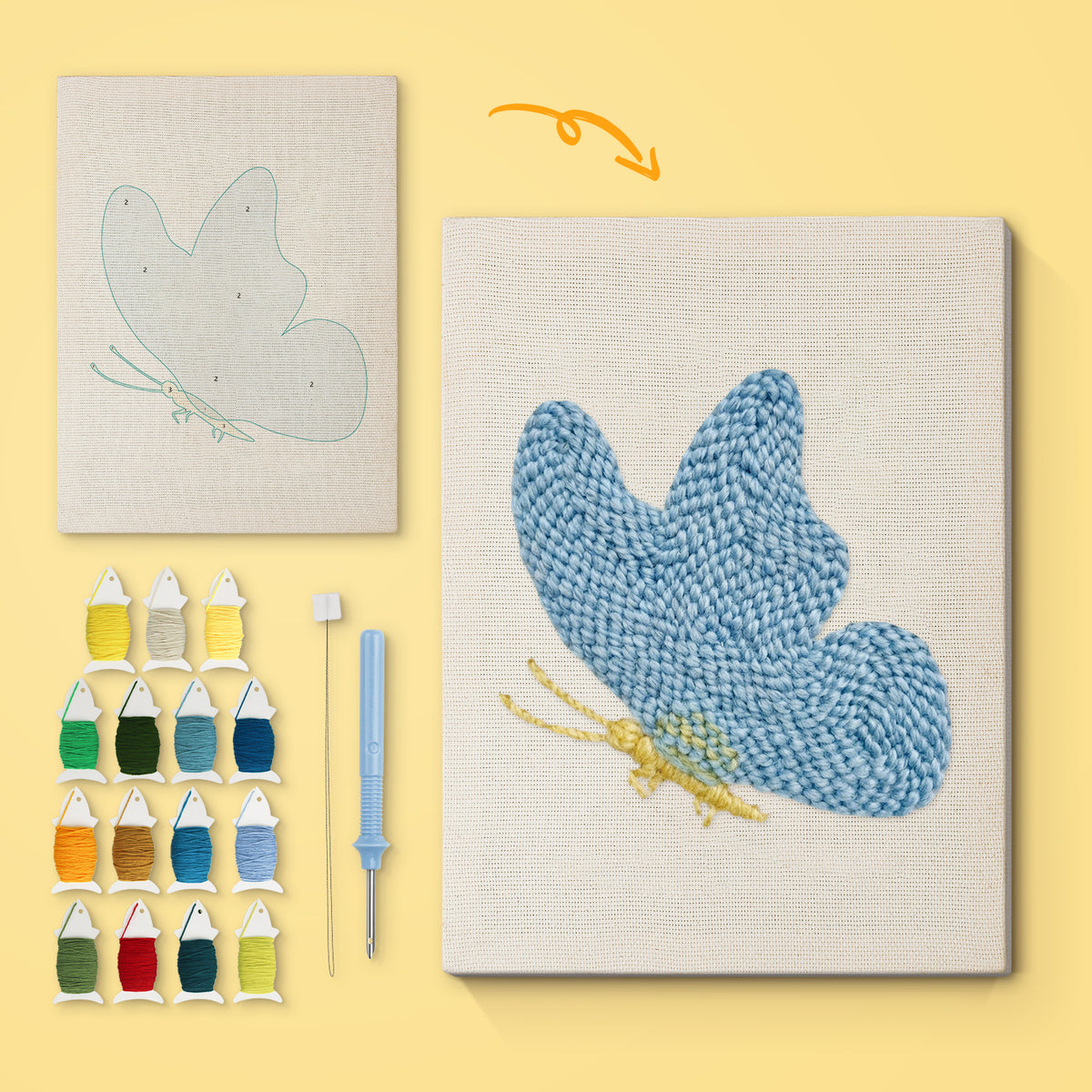 Resting Blue Butterfly canvas before and after punching, with the threads and tools