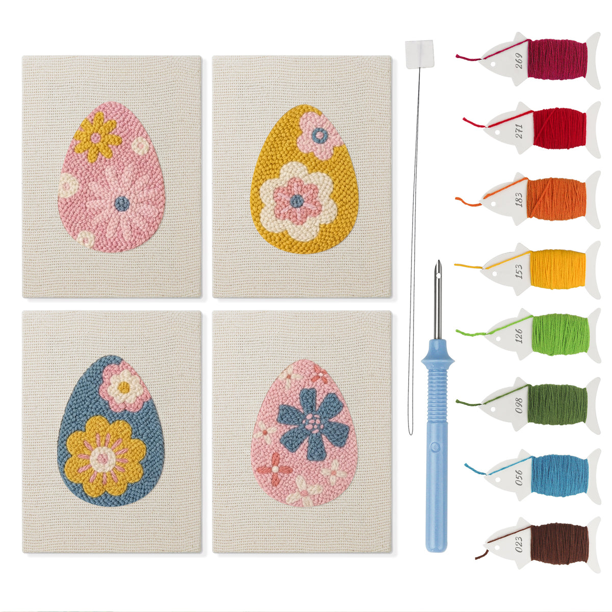 Retro Flower Eggs mini punch needle kit set: four finished canvases with threads, punch needle and threader