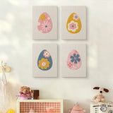 The four Retro Flower Eggs mini canvases on a wall above a shelf