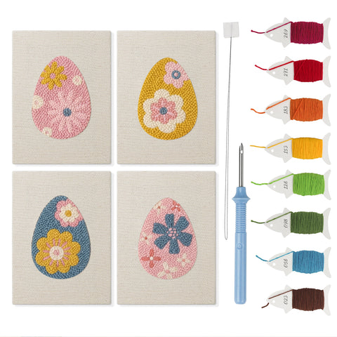 Retro Flower Eggs mini punch needle kit set: four finished canvases with threads, punch needle and threader