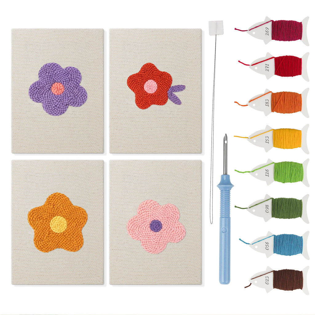 Retro Flower Heads mini punch needle kit set: four finished canvases with threads, punch needle and threader