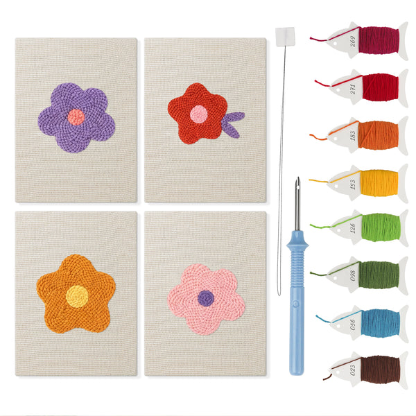 Retro Flower Heads mini punch needle kit set: four finished canvases with threads, punch needle and threader