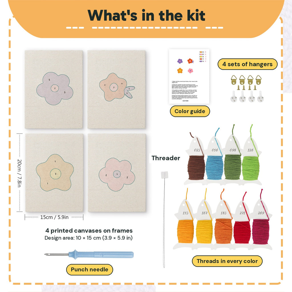What is in the Retro Flower Heads set: 4 printed canvases, punch needle, threader, threads, color guide and 4 sets of hangers (6 × 8 in (15 × 20 cm) each)
