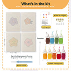 What is in the Retro Flower Heads set: 4 printed canvases, punch needle, threader, threads, color guide and 4 sets of hangers (6 × 8 in (15 × 20 cm) each)