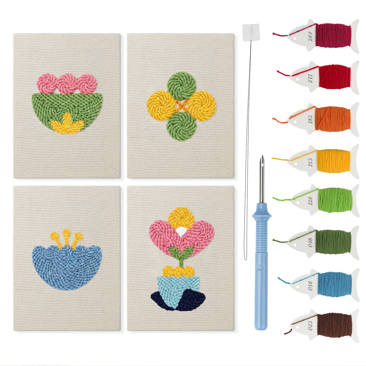 Retro Flower Shapes mini punch needle kit set: four finished canvases with threads, punch needle and threader