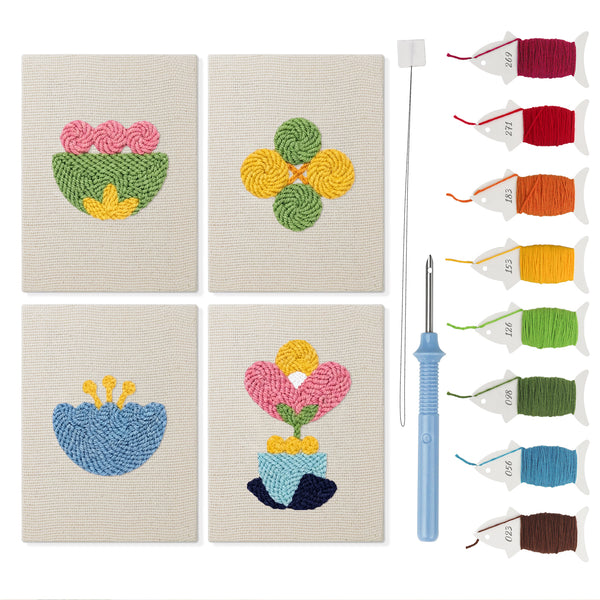 Retro Flower Shapes mini punch needle kit set: four finished canvases with threads, punch needle and threader