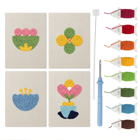 Retro Flower Shapes mini punch needle kit set: four finished canvases with threads, punch needle and threader