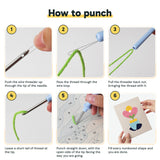 Six steps showing how to thread and use the punch needle