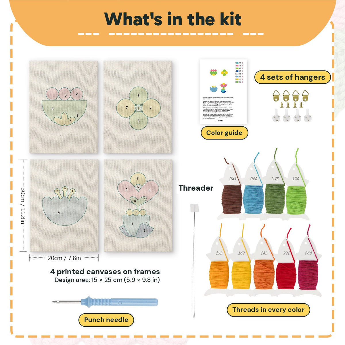 What is in the Retro Flower Shapes set, 8 × 12 in (20 × 30 cm) each: 4 printed canvases, punch needle, threader, threads, color guide and 4 sets of hangers