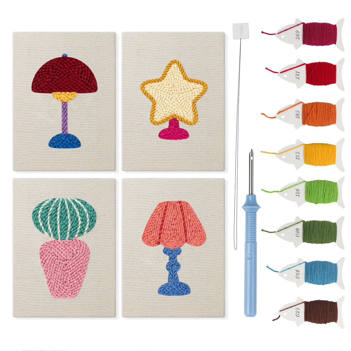 Retro Table Lamps mini punch needle kit set: four finished canvases with threads, punch needle and threader