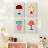The four Retro Table Lamps mini canvases on a wall above a shelf