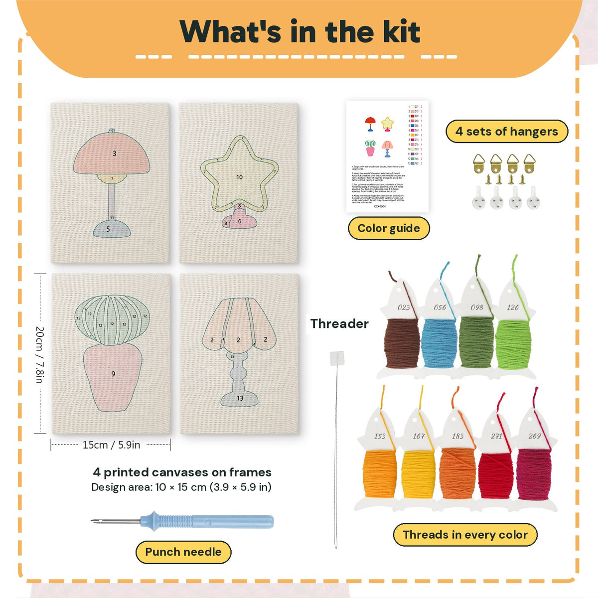 What is in the Retro Table Lamps set: 4 printed canvases, punch needle, threader, threads, color guide and 4 sets of hangers (6 × 8 in (15 × 20 cm) each)