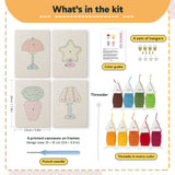 What is in the Retro Table Lamps set: 4 printed canvases, punch needle, threader, threads, color guide and 4 sets of hangers (6 × 8 in (15 × 20 cm) each)