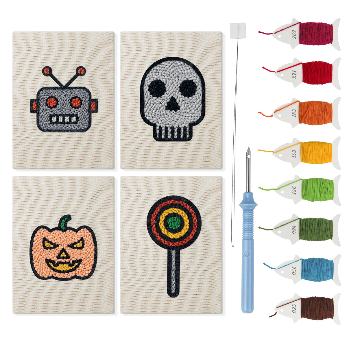 Robot and Lollipop mini punch needle kit set: four finished canvases with threads, punch needle and threader