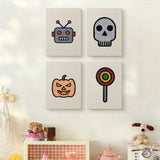 The four Robot and Lollipop mini canvases on a wall above a shelf