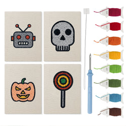 Robot and Lollipop mini punch needle kit set: four finished canvases with threads, punch needle and threader