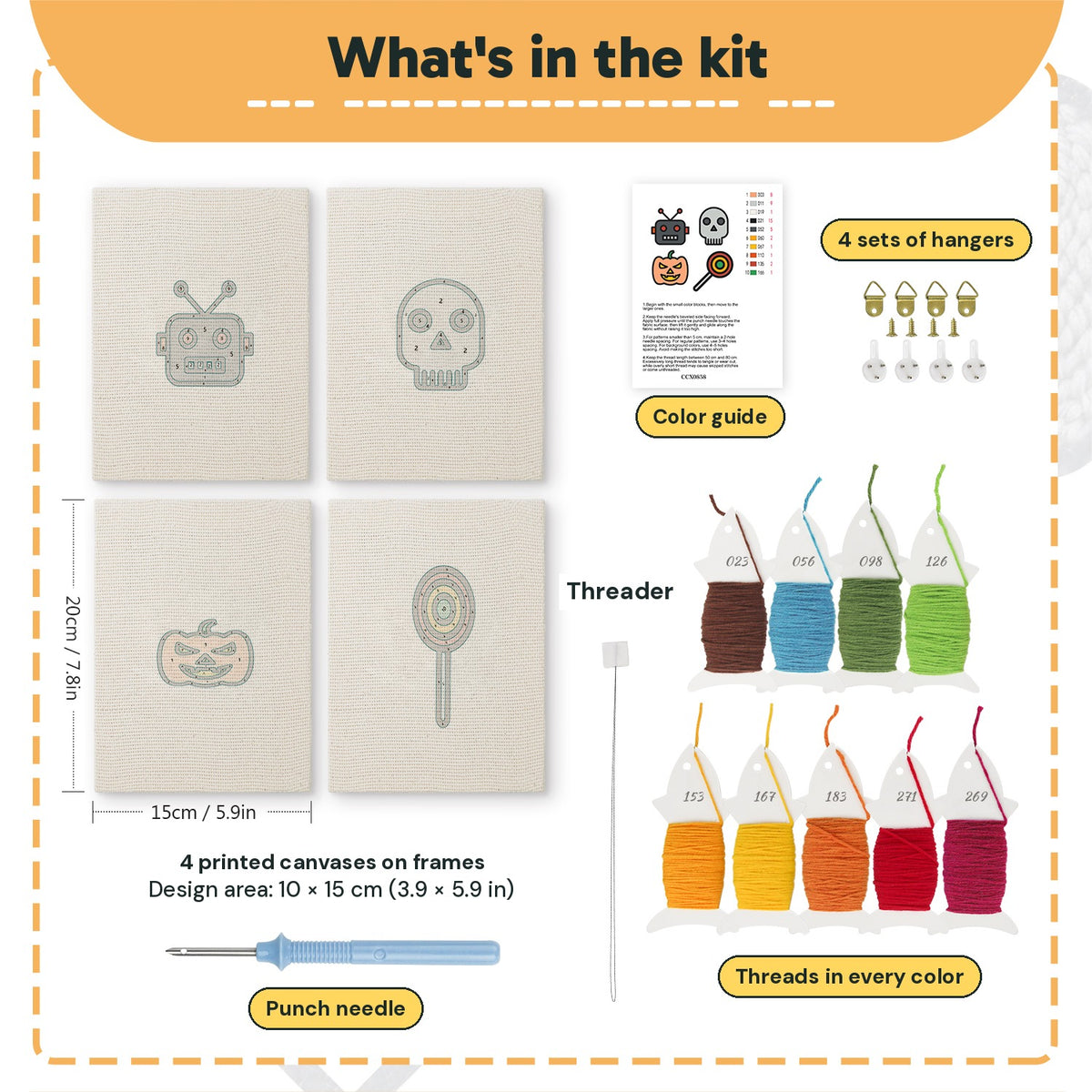 What is in the Robot and Lollipop set: 4 printed canvases, punch needle, threader, threads, color guide and 4 sets of hangers (6 × 8 in (15 × 20 cm) each)