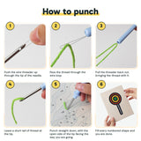 Six steps showing how to thread and use the punch needle