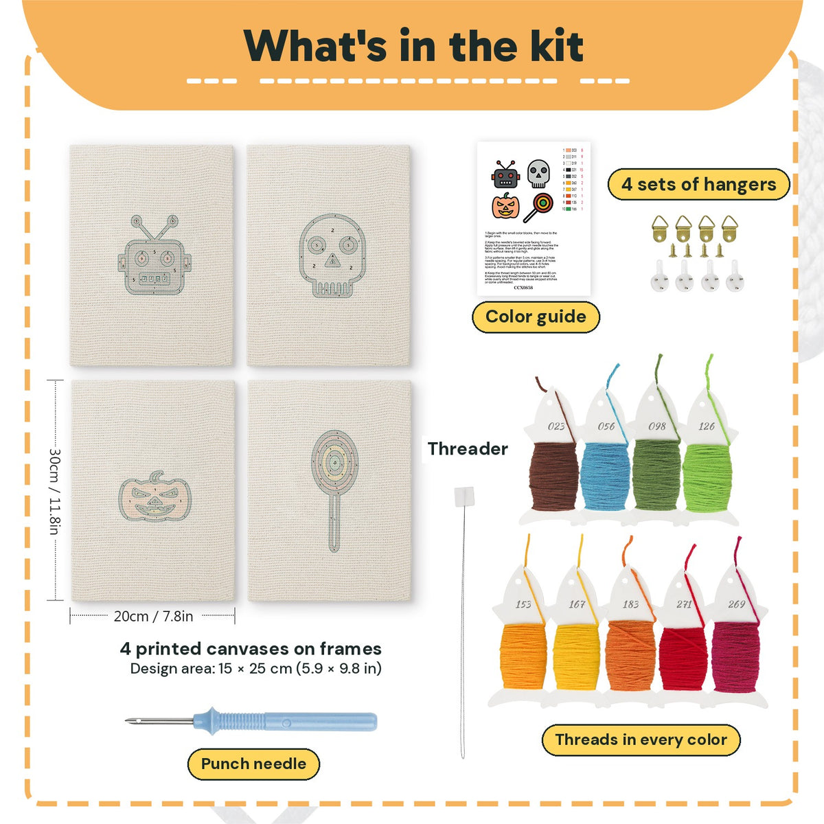 What is in the Robot and Lollipop set, 8 × 12 in (20 × 30 cm) each: 4 printed canvases, punch needle, threader, threads, color guide and 4 sets of hangers