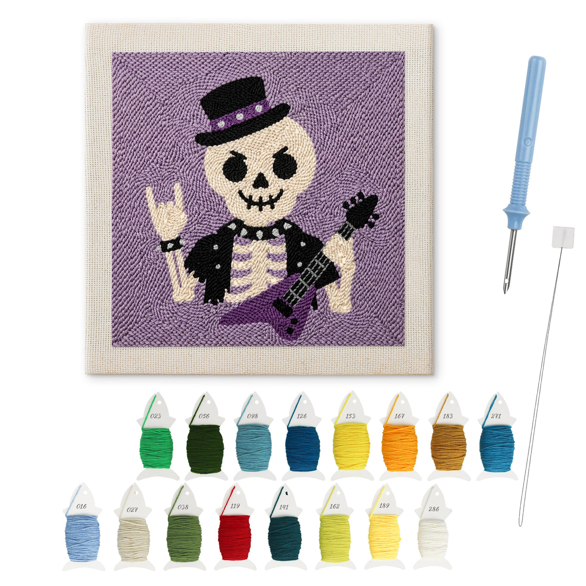 Rock Star Skeleton punch needle kit: finished canvas with threads, punch needle and threader