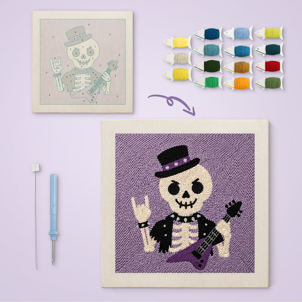 Rock Star Skeleton canvas before and after punching, with the threads and tools