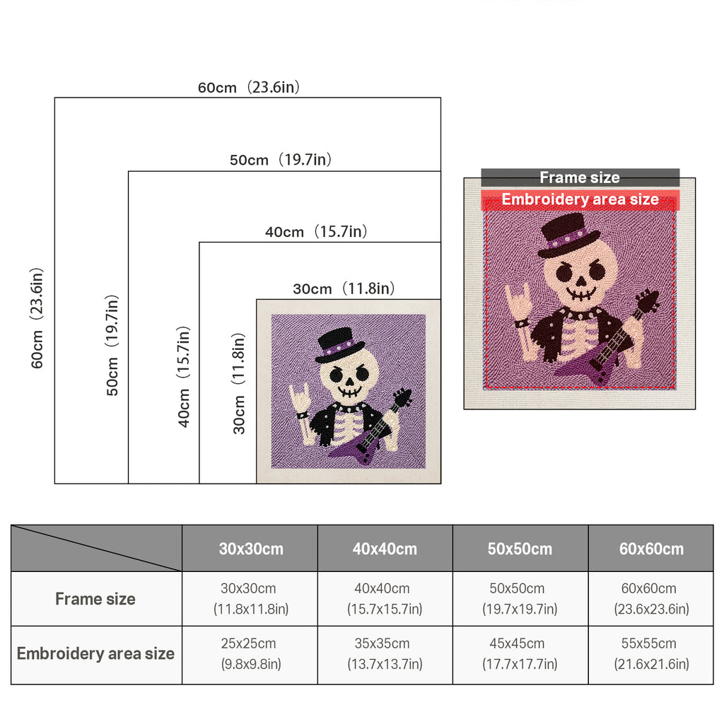 Size chart for square punch needle kits from 30 x 30 cm to 60 x 60 cm