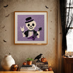 Finished Rock Star Skeleton punch needle canvas on a wall