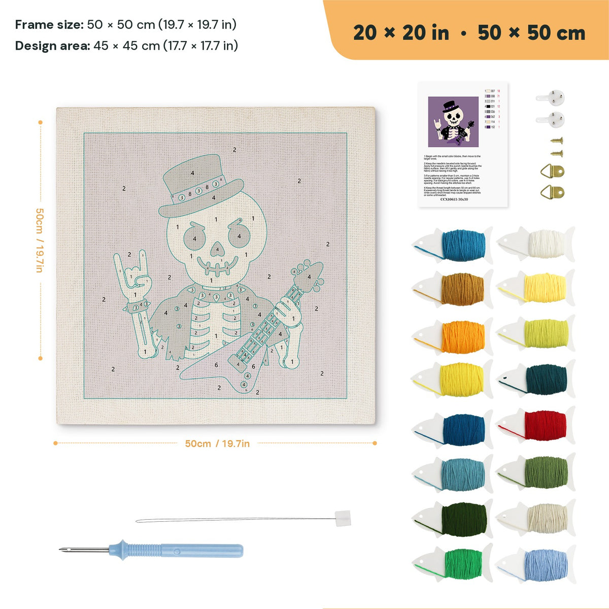 Rock Star Skeleton punch needle kit, 20 × 20 in (50 × 50 cm): canvas size and kit contents