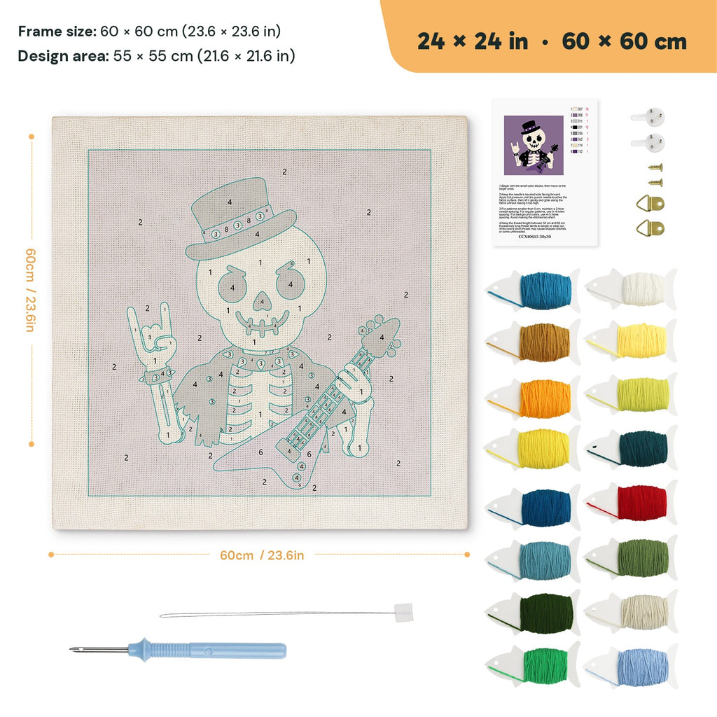 Rock Star Skeleton punch needle kit, 24 × 24 in (60 × 60 cm): canvas size and kit contents