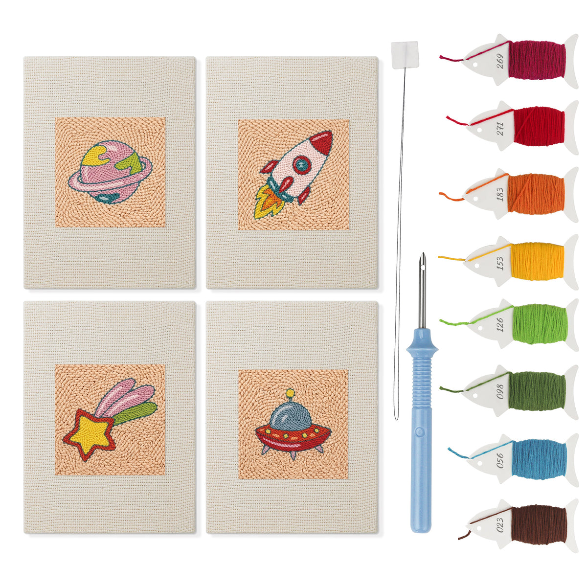 Rocket and Saucer mini punch needle kit set: four finished canvases with threads, punch needle and threader