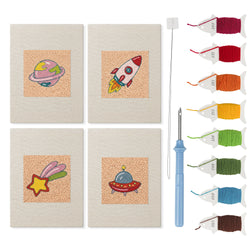 Rocket and Saucer mini punch needle kit set: four finished canvases with threads, punch needle and threader