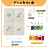 What is in the Rocket and Saucer set, 8 × 12 in (20 × 30 cm) each: 4 printed canvases, punch needle, threader, threads, color guide and 4 sets of hangers