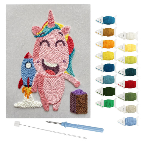Rocket Unicorn punch needle kit: finished canvas with threads, punch needle and threader