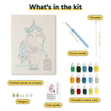 What is in the Rocket Unicorn kit: printed canvas, punch needle, threader, threads, color guide and hangers