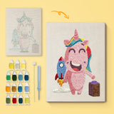 Rocket Unicorn canvas before and after punching, with the threads and tools