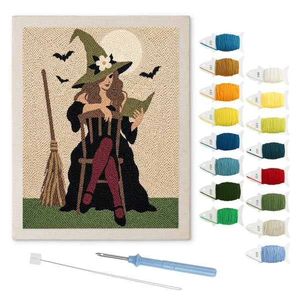 Rocking Chair Witch punch needle kit: finished canvas with threads, punch needle and threader