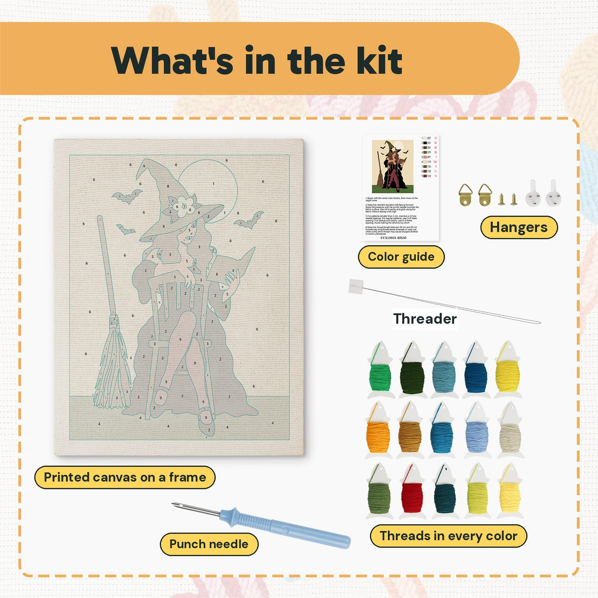 What is in the Rocking Chair Witch kit: printed canvas, punch needle, threader, threads, color guide and hangers