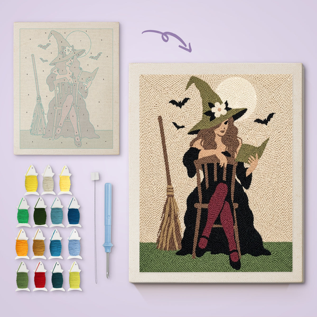Rocking Chair Witch canvas before and after punching, with the threads and tools