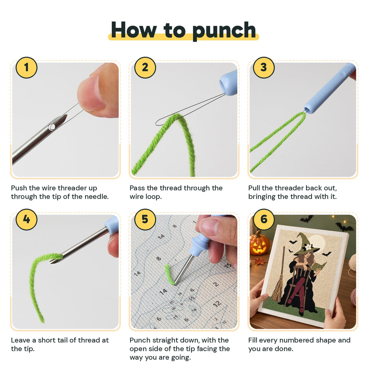 Six steps showing how to thread and use the punch needle