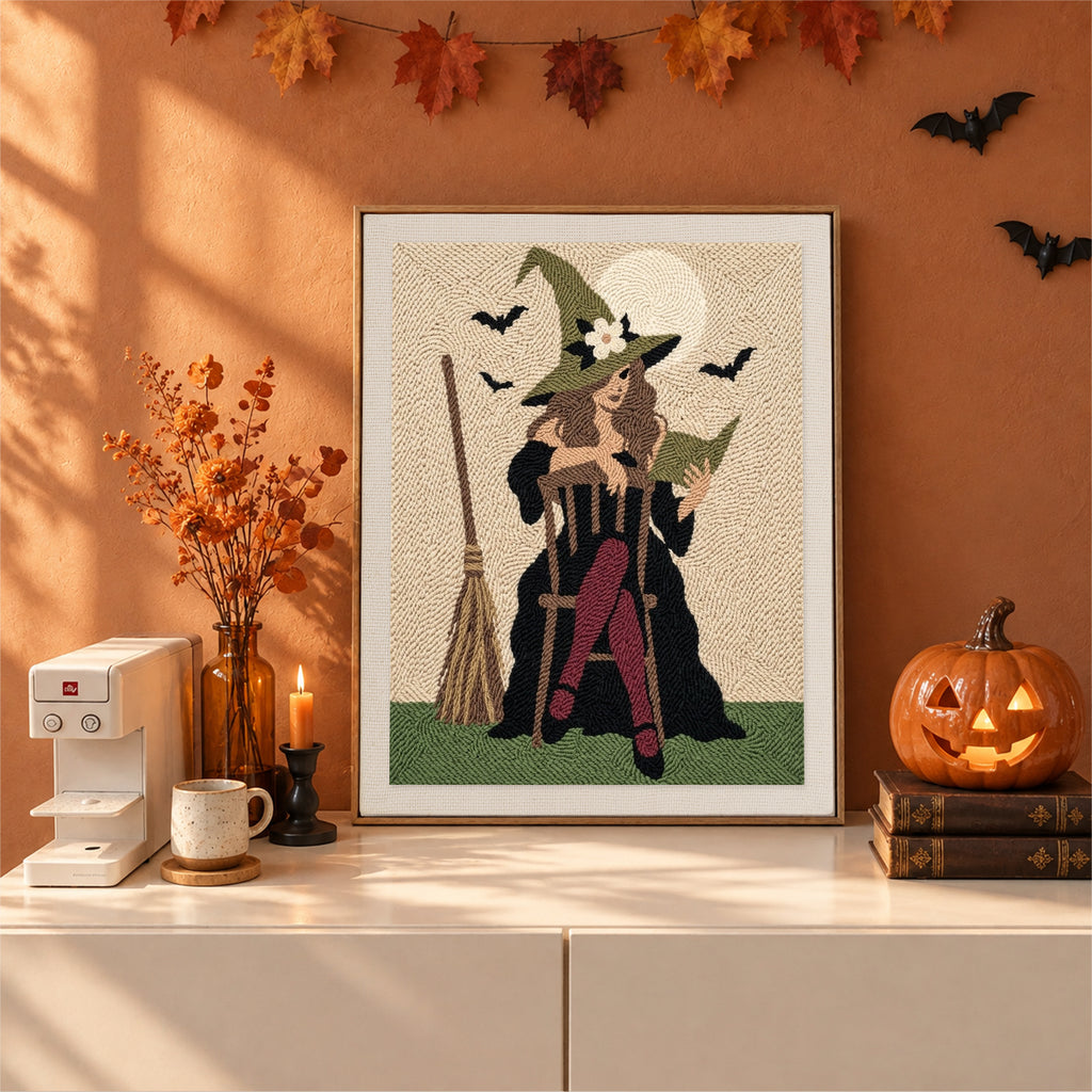 Finished Rocking Chair Witch punch needle canvas on a wall