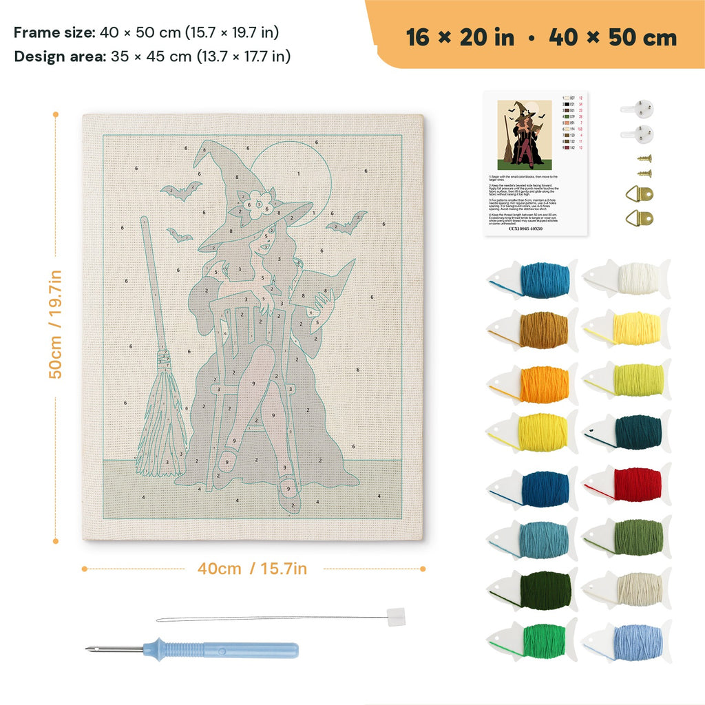 Rocking Chair Witch punch needle kit, 16 × 20 in (40 × 50 cm): canvas size and kit contents